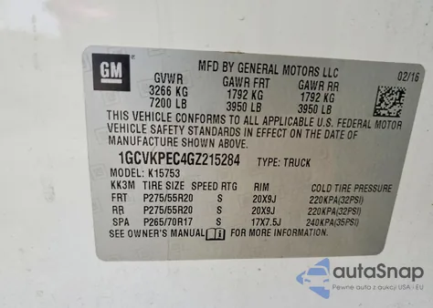 2016 Chevrolet Silverado K1500 Custom from USA, damaged, VIN 1GCVKPEC4GZ215284